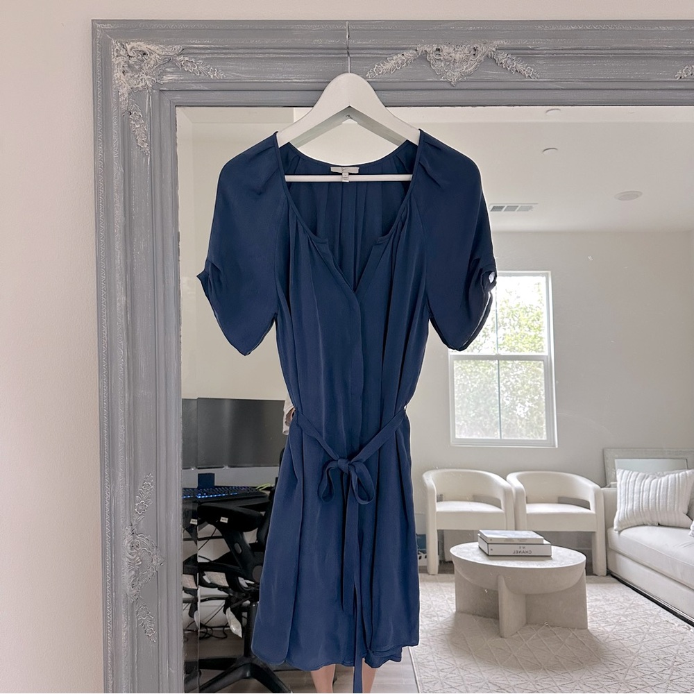 Joie Blue Silk Button Down Waist Tie Belted Dress Peasant Cottage Coastal S